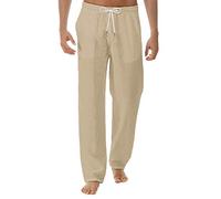 Men's Cotton Linen Pants Loose Fit Lightweight Solid Color Summer Beach Yoga Pants Drawstring Comfy Wide Leg Lounge Pants with Pocket Beach Themed Slacks Loose Fitting Jogging Bottoms Khaki