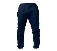 Men's Cotton Linen Pants Loose Lightweight Straight Leg Casual Pants Summer Yoga Beach Trousers Elastic Waist Drawstring Vacation Slacks Navy