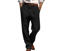 Mens Cotton Linen Pleated Trousers Breathable Casual Office Work Trousers with Belt Loops for Daily Business Casual Leisure Wear Bottom Black