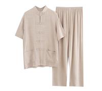 Men's Cotton Linen Set 2 Pieces Clothes Set Shirt Casual Set Long Sleeve Long Pants Set Chinese Style Home Wear Pajamas, beige, XXL
