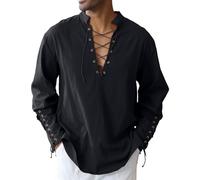 Men's Cotton Linen Shirt Drawstring Arm Banded Tops Medieval Viking Pirate Renaissance Halloween Costume Black XL