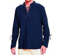 Men's Cotton Linen Shirt Grandad Collar Shirts Long Sleeve Henley Grandad T-Shirt Tops Linen Blouse Summer Beach Casual Loose Fit Lace Up Tops Office Work Tee UK Navy