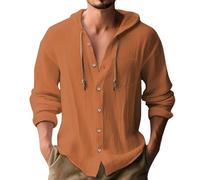 Men's Cotton Linen Shirt Long Sleeve Hawaiian Shirt Hooded Casual Regular Fit Button Down Sweatshirt Casual No Iron with Pocket S-3XL, Orange, S