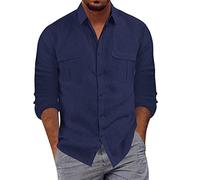 Men's Cotton Linen Shirt Long Sleeve, Summer Shirts for Men Casual Men's Fashion Casual Buttoned Lapel Shirt Solid Color T-Shirt with Pockets Long-Sleeved Shirt Tops Regular Fit Heavy Shirts Navy