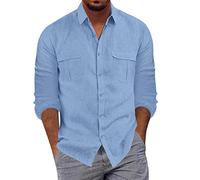 Men's Cotton Linen Shirt Long Sleeve, Summer Shirts for Men Casual Men's Fashion Casual Buttoned Lapel Shirt Solid Color T-Shirt with Pockets Long-Sleeved Shirt Tops Regular Fit Heavy Shirts Blue