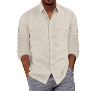 Men's Cotton Linen Shirt Long Sleeve, Summer Shirts for Men Casual Men's Fashion Casual Buttoned Lapel Shirt Solid Color T-Shirt with Pockets Long-Sleeved Shirt Tops Regular Fit Heavy Shirts Beige