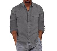 Men's Cotton Linen Shirt Long Sleeve, Summer Shirts for Men Casual Men's Fashion Casual Buttoned Lapel Shirt Solid Color T-Shirt with Pockets Long-Sleeved Shirt Tops Regular Fit Heavy Shirts Grey