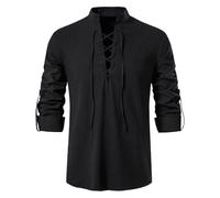 Mens Cotton Linen Shirts Classic Medieval Lace Up Long Sleeve Retro Viking Tops Pirate Costume Scottish Ghillie Shirt Regular Fit Holiday Tshirts Breathable Lightweight Tees(Black, L)