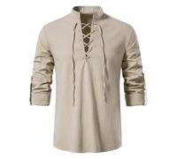 Mens Cotton Linen Shirts Classic Medieval Lace Up Long Sleeve Retro Viking Tops Pirate Costume Scottish Ghillie Shirt Regular Fit Holiday Tshirts Breathable Lightweight Tees(Khaki, L)