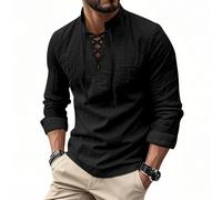 Mens Cotton Linen Shirts Classic Medieval Lace Up Long Sleeve Retro Viking Tops Pirate Costume Scottish Ghillie Shirt Regular Fit Holiday Tshirts Breathable Lightweight Tees(Black, M)