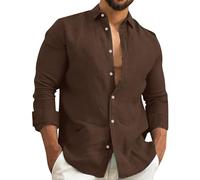 Men's Cotton Linen Shirts - Long Sleeve Button Down Style, Plain Collared Casual Tee, Breathable Fabric Perfect for Beach Trips, Summer Outings & Relaxed Days Coffee