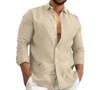 Men's Cotton Linen Shirts - Long Sleeve Button Down Style, Plain Collared Casual Tee, Breathable Fabric Perfect for Beach Trips, Summer Outings & Relaxed Days Khaki