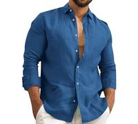 Men's Cotton Linen Shirts - Long Sleeve Button Down Style, Plain Collared Casual Tee, Breathable Fabric Perfect for Beach Trips, Summer Outings & Relaxed Days Dark Blue
