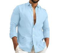 Men's Cotton Linen Shirts - Long Sleeve Button Down Style, Plain Collared Casual Tee, Breathable Fabric Perfect for Beach Trips, Summer Outings & Relaxed Days Sky Blue