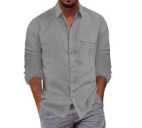 Mens Cotton Linen Shirts Long Sleeved Regular Fit Casual Solid Shirt Lightweight Button Down Standing Collar Pocket Top Breathable Comfort Classic Fit Polo Shirt Fashionable Business Shirt