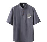 Men's Cotton Linen Shirts, Regular Fit Short Sleeve Embroidered Shirt Tops, Summer Casual Button Lapel Collar Shirts, Lightweight Fashion Solid Color Pullover Shirts, Classic Fit Henley Shirts.