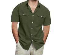 Men's Cotton Linen Shirts Short Sleeve Casual Button Down Blouses Beach Summer Vacation Tops with 2 Pockets Lightweight Tactical Cargo Shirt Loose Fit Plus Size Army Green