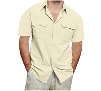 Men's Cotton Linen Shirts Short Sleeve Casual Button Down Blouses Beach Summer Vacation Tops with 2 Pockets Lightweight Tactical Cargo Shirt Loose Fit Plus Size Beige