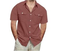 Men's Cotton Linen Shirts Short Sleeve Casual Button Down Blouses Beach Summer Vacation Tops with 2 Pockets Lightweight Tactical Cargo Shirt Loose Fit Plus Size Wine