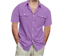 Men's Cotton Linen Shirts Short Sleeve Casual Button Down Blouses Beach Summer Vacation Tops with 2 Pockets Lightweight Tactical Cargo Shirt Loose Fit Plus Size Purple