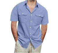 Men's Cotton Linen Shirts UK Short Sleeve Casual Button Down Cargo Blouses Beach Summer Vacation Tops with 2 Pockets Lightweight Tactical Cargo Shirt Loose Fit Plus Size Blue