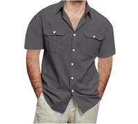 Men's Cotton Linen Shirts UK Short Sleeve Casual Button Down Cargo Blouses Beach Summer Vacation Tops with 2 Pockets Lightweight Tactical Cargo Shirt Loose Fit Plus Size Dark Grey