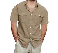 Men's Cotton Linen Shirts UK Short Sleeve Casual Button Down Cargo Blouses Beach Summer Vacation Tops with 2 Pockets Lightweight Tactical Cargo Shirt Loose Fit Plus Size Coffee