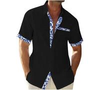 Men's Cotton Linen Short Sleeve Shirts UK Clearance Floral/Plaid Printed Patchwork Button Down Hawaiian Shirts Summer Vacation Beach Shirts Lightweight Regular Fit Casual Tops