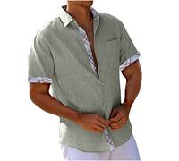 Men's Cotton Linen Short Sleeve Shirts UK Clearance Floral/Plaid Printed Patchwork Button Down Hawaiian Shirts Summer Vacation Beach Shirts Lightweight Regular Fit Casual Tops