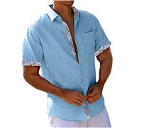 Men's Cotton Linen Short Sleeve Shirts UK Clearance Floral/Plaid Printed Patchwork Button Down Hawaiian Shirts Summer Vacation Beach Shirts Lightweight Regular Fit Casual Tops