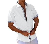 Men's Cotton Linen Short Sleeve Shirts UK Clearance Floral/Plaid Printed Patchwork Button Down Hawaiian Shirts Summer Vacation Beach Shirts Lightweight Regular Fit Casual Tops