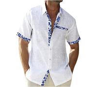 Men's Cotton Linen Short Sleeve Shirts UK Clearance Floral/Plaid Printed Patchwork Button Down Hawaiian Shirts Summer Vacation Beach Shirts Lightweight Regular Fit Casual Tops