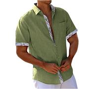 Men's Cotton Linen Short Sleeve Shirts UK Clearance Floral/Plaid Printed Patchwork Button Down Hawaiian Shirts Summer Vacation Beach Shirts Lightweight Regular Fit Casual Tops