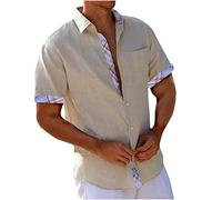 Men's Cotton Linen Short Sleeve Shirts UK Clearance Floral/Plaid Printed Patchwork Button Down Hawaiian Shirts Summer Vacation Beach Shirts Lightweight Regular Fit Casual Tops