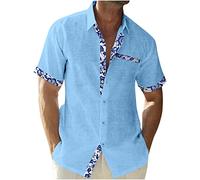 Men's Cotton Linen Short Sleeve Shirts UK Clearance Floral/Plaid Printed Patchwork Button Down Hawaiian Shirts Summer Vacation Beach Shirts Lightweight Regular Fit Casual Tops