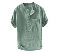 Men's Cotton Linen Short Sleeve T-Shirts - Summer Top V Neck Solid Color Casual Button Down Chest Pocket Simple Comfortable Cool Breathable Lightweight Soft Everyday Beach Top