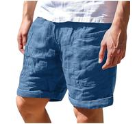 Mens Cotton Linen Shorts Beach Workout Pants Elasticated Waist Drawstring Casual Shorts Workout Half Pants Solid Color Comfortable Breathable Hiking Short Pants Athletic Wear Blue