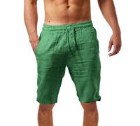 Mens Cotton Linen Shorts Casual Lightweight Elastic Waist Drawstring Yoga Shorts Fashionable Summer Beach Short Pants Loose Loungewear Bottoms Green