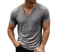 Mens Cotton Linen T Shirt, V Neck Raw Edge Distressed Loose Beach Top | Vintage raw edge washed finish, loose breathable cut | Great for summer beach, travel and casual daily looks