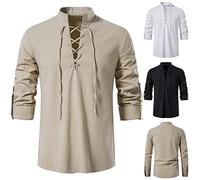 Mens Cotton Linen T-Shirts Lace-Up Long Sleeve Shirt UK Sale Clearance Man Stand Collar Pullover Retro Casual Tops Medieval Vintage T Shirt Roll-Up Sleeve Tops Hippie Tshirt Regular-Fit Linen Blouse