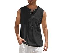 Men's Cotton Linen Tank Tops,Sleeveless Men's Lace-Up Tank Top,Linen Shirt Vest V-Neck,Casual Solid Pullover Tops Sports Vest Tanks