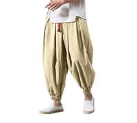 Men's Cotton Linen Trousers | Baggy Casual Harem Pants | Elastic Waist Drawstring Wide Leg Trousers | Loose Fit Hippie Yoga Trousers | Summer Solid Color Jogging Sweat Pants with Pockets Khaki