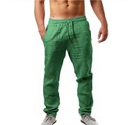 Men's Cotton Linen Trousers Elastic Waist Drawstring Straight Leg Casual Pants Summer Loose Lightweight Yoga Beach Trousers Baggy Long Pant Green