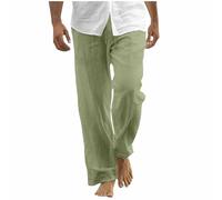 Mens Cotton Linen Trousers Elasticated Waist Casual Trouser Plain Adjustable Drawstring Bottoms Multi-Pocket Straight Leg Pants Summer Beach Yoga Clothes Plus Size S-4XL