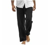 Mens Cotton Linen Trousers Elasticated Waist Casual Trouser Plain Adjustable Drawstring Bottoms Multi-Pocket Straight Leg Pants Summer Beach Yoga Clothes Plus Size S-4XL