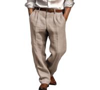 Mens Cotton Linen Trousers Formal Dress Pants Pleated Front Pants Loose Fit Lightweight Trousers Baggy Suit Pant Breathable Office Work Trousers Slacks Khaki