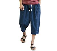 Men's Cotton Linen Trousers Harem Pants Large Size Cropped Pants Yoga Pants Loose Casual Straight Legs Breathable Cargo Jogger Athletic Lounge Male Slacks Comfort Work Autumn Winter UK Navy