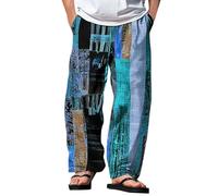 Mens Cotton Linen Trousers Hippie Pants Funny Graphic Patchwork Festival Clothes Light Breathable Summer Beach Jogging Bottoms Baggy Quick-Dry Travel Trackpants Elastic Waist Classic Work Trousers