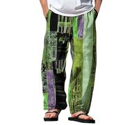 Mens Cotton Linen Trousers Hippie Pants Funny Graphic Patchwork Festival Clothes Light Breathable Summer Beach Jogging Bottoms Baggy Quick-Dry Travel Trackpants Elastic Waist Classic Work Trousers