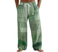 Mens Cotton Linen Trousers Hippie Pants Funny Graphic Patchwork Festival Clothes Light Breathable Summer Beach Jogging Bottoms Baggy Quick-Dry Travel Trackpants Elastic Waist Classic Work Trousers